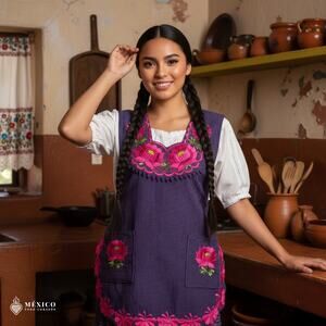 Magenta Mexican Embroidered Smock Apron – Floral Traditional Design